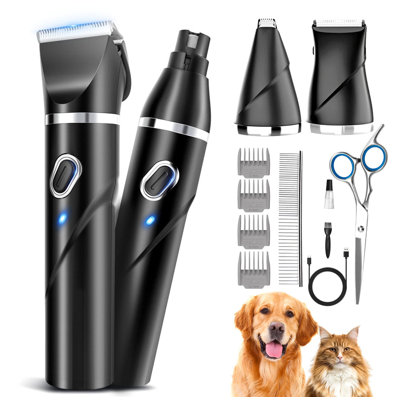 4 in 1 Dog Clippers for Grooming Thick Hair, 2000mAh Heavy Duty Dog Grooming Kit, 2-Speed Low Noise Dog Paw Trimmer with Nail Grinder for Body, Paws, Nail, Face, Ears, Legs - PawsPlanet Australia