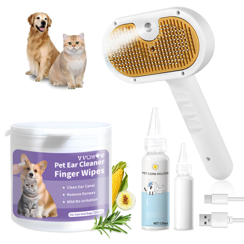 Cat Steam Brush, Pet Steam Brush for Cat & Dog, Mist Spray Comb, Spritz Defur Tool, Water Grooming Kit, Dog Hair Removal Steam Cleaner with Release Button Contains 1*Shampoo, Ear Wipes - PawsPlanet Australia