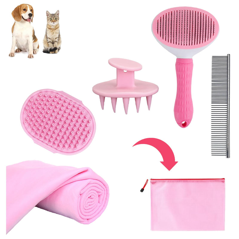 Dog Bath Brush Bathing Kit 5PCS - Pet Washing Brush, Dog Brush for Shorted Haired Dogs, Dog Scrubber for Bath, Scalp Scrubber Hair Bath Brush Set Pink D-BATH 5 KITS