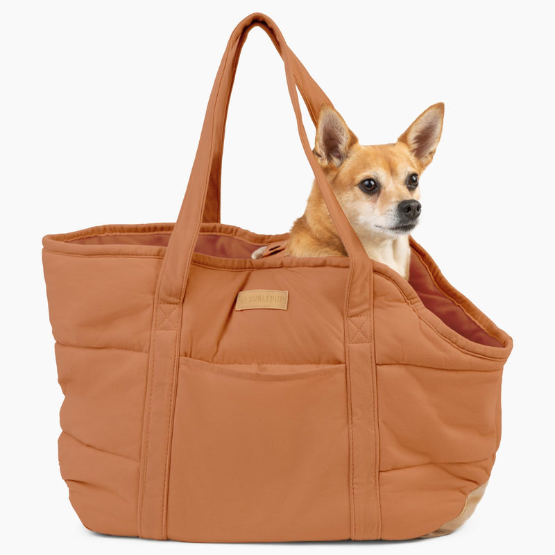 NoblePup Plush Dog Purse Carrier for Small Dogs, Soft Dog Tote Bag with Safety Harness Clip, Cozy Pet Carrier for Dogs Under 15 lbs, Comfortable Shoulder Carrier for Travel, Brown 2.0