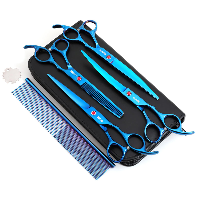 7.0in Titanium Professional Pet Grooming Scissors Set, GEMEK 6 in 1 Straight & Thinning & Upwards Curved & Downwards Curved Scissors & Comb for Dogs, Cats (Blue) Blue 6 in 1 7inch - PawsPlanet Australia