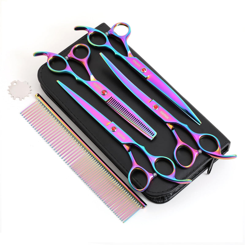 7.0in Titanium Professional Pet Grooming Scissors Set, GEMEK 6 in 1 Straight & Thinning & Upwards Curved & Downwards Curved Scissors & Comb for Dogs, Cats (Rainbow) Rainbow 6 in 1 7inch - PawsPlanet Australia