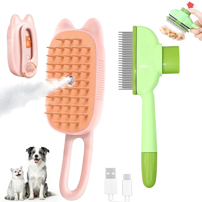 Cat Steam Brush for Shedding, 4 in 1 Rechargeable Steam Brush for Cats and Dogs, Anti-Static, Massage, flea comb for cats& Pet Removal Hair Glove,Shedding & Combing All In One!(Pink) Pink