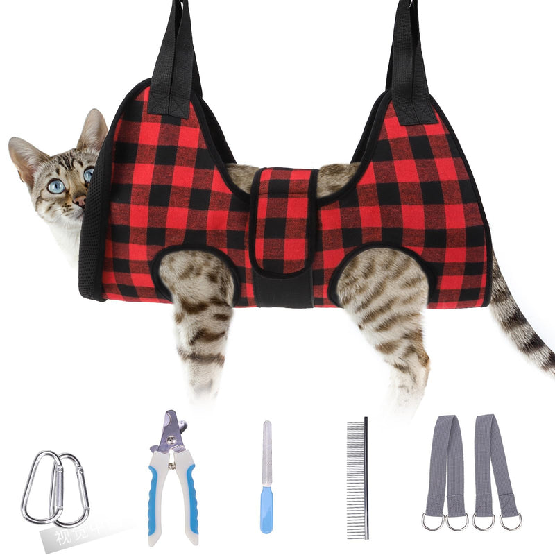 BEAUTYZOO Dog Grooming Hammock Harness for Nail Trimming - Adjustable Pet Restraint Sling for Small Medium Large Dogs/Cats -Secure Hanging Holder for Nail Clipping & Grooming (Christmas Buffalo Plaid) XS (Leg Spacing: 6-9.5" / Max W: 15lbs) Buffalo Red - PawsPlanet Australia