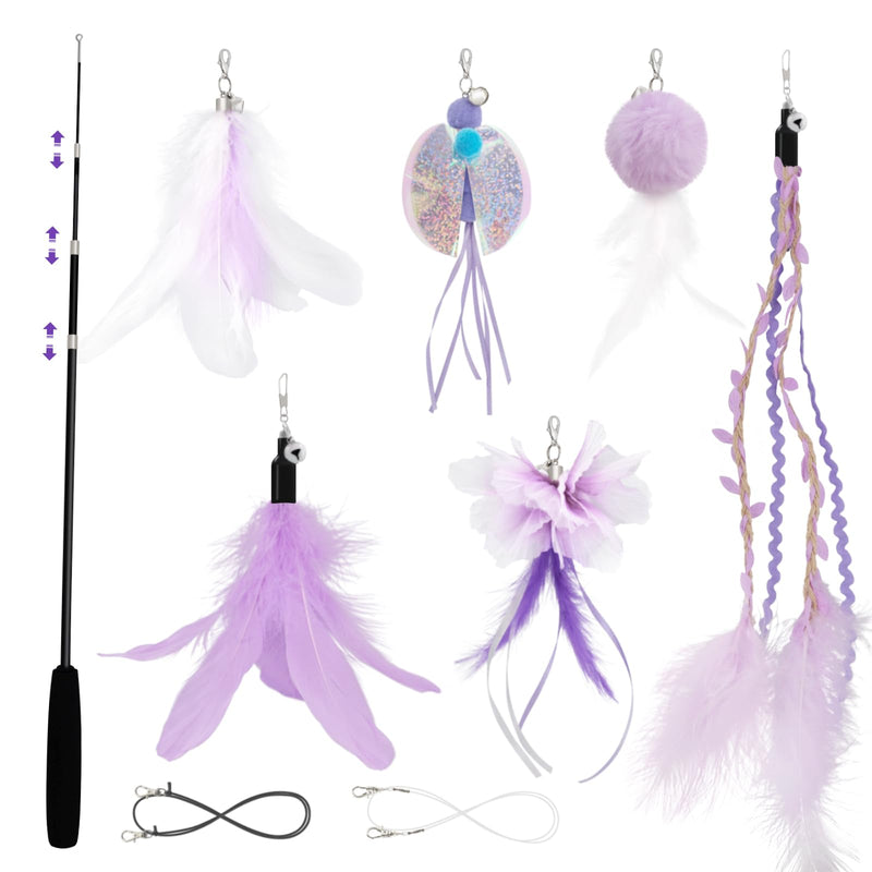 SONGWAY Cat Wand Toys for Indoor Cats - Cat Toy Set with Retractable Teaser Wand and 6 PCS Fairy Feather Toy Refills, Dragonfly Tassel Plush Cat Toys Interactive, Purple - PawsPlanet Australia