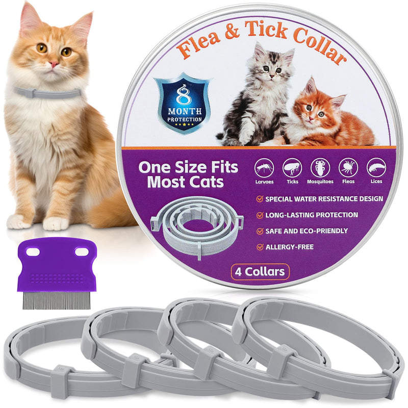 Flea & Tick Collar for Cats 4 Pack - 8 Months Long-Lasting Protection and Prevention, Cat Flea and Tick Collar, Adjustable - PawsPlanet Australia