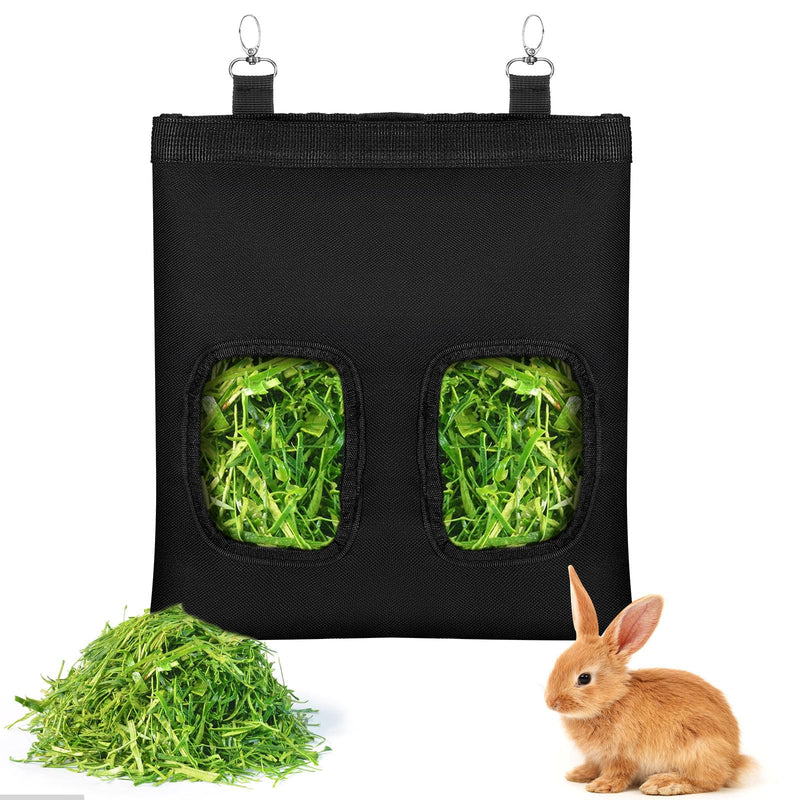 Rabbit Hay Feeder Bag, Guinea Pigs Hanging Hay Rack Manger Holder Dispenser Small Animal Feeder Storage Pouch for Bunny Chinchilla Hamster (Black, 2 Windows) - PawsPlanet Australia