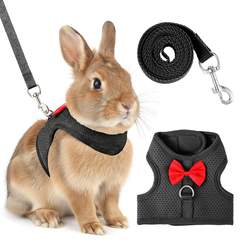 Bunny Harness and Leash Set, Soft Breathable Rabbit Leash Vest with Cute Bow Mesh Adjustable Vest Bunny Leash for Walking Gear Escape Proof for Kittens, Ferrets, Guinea Pigs(Black M) Black M - PawsPlanet Australia