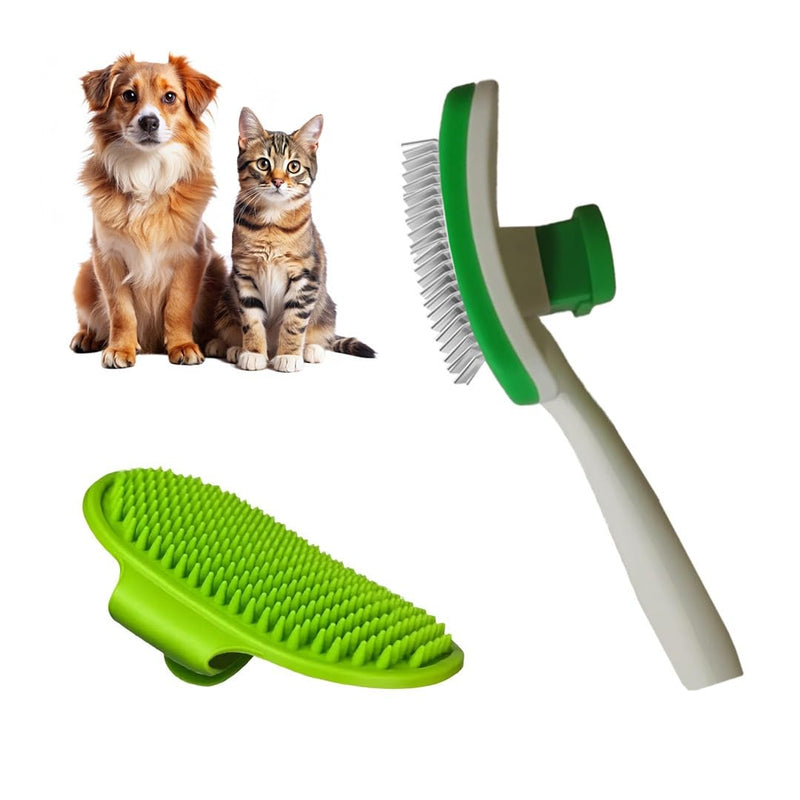 2 Pcs Self Cleaning Deshedding Dog Brush & Bath Brush - Skin Friendly Shedding Grooming Tool For Dogs, Cats And Puppies, Premium Pet Supplies, Green - PawsPlanet Australia