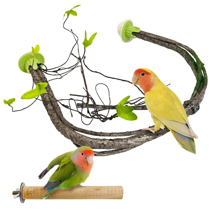 PINVNBY 2 PCS Bendable Bird Perches Simulation Branch Parrot Perch Stand with Green Leaf Hanging Paw Grinding Fork Cage Accessories for Parakeet Budgie Finch Cockatiel Conure (Large) Style 1 Large