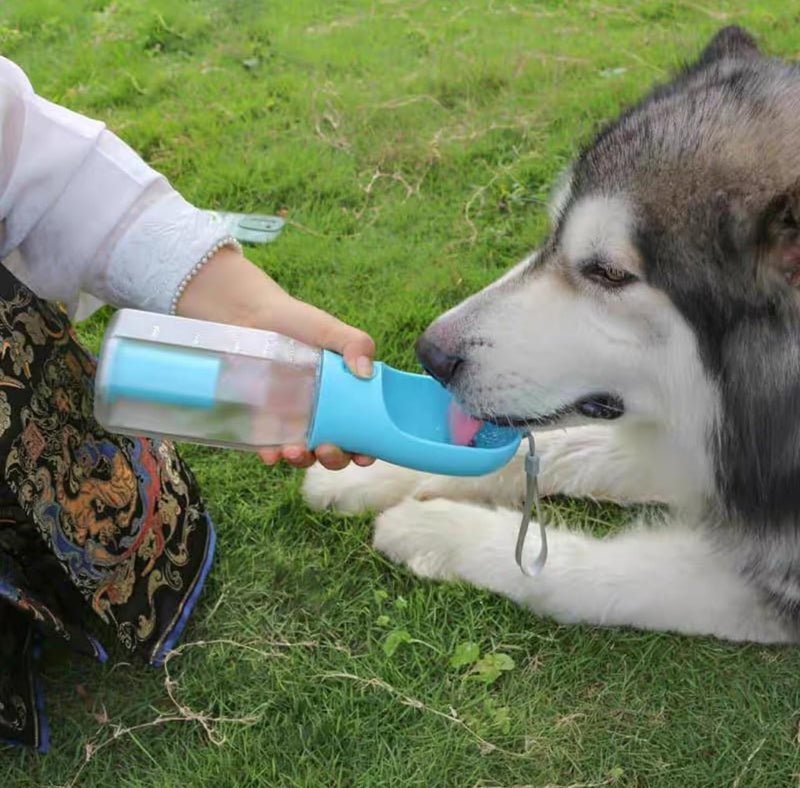 Three-in-One Portable Pet Water Bottle and Food Container, Blue,300ml Capacity, Built-in Waste Bag Storage, Travel Dog Water Dispenser - PawsPlanet Australia