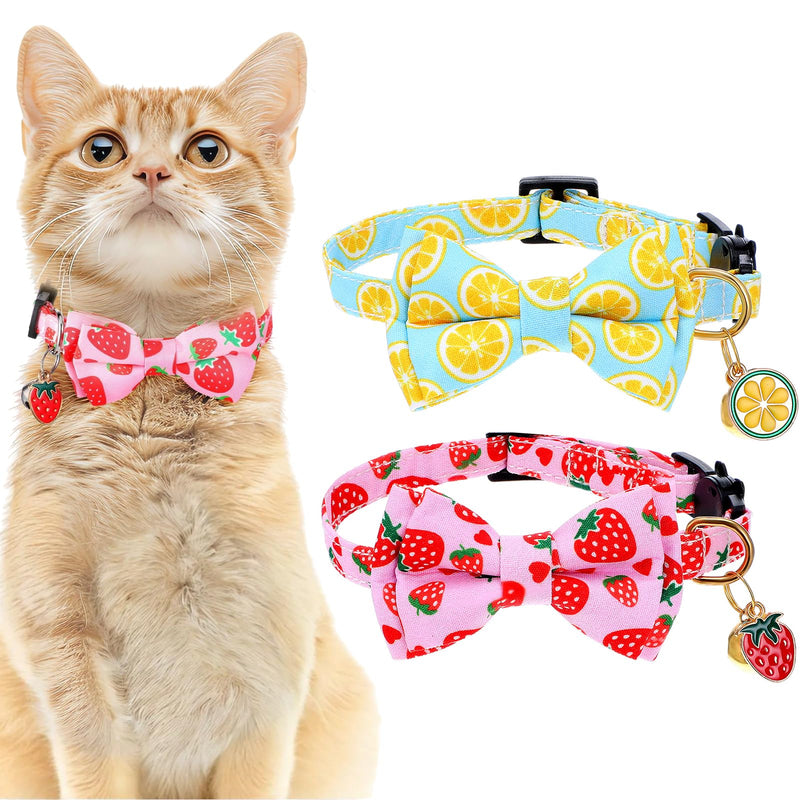 Ouligay 2PCS Bowtie Cat Collar with Bell Adjustable Breakaway Kitten Collars Cute Cat Collar with Removeable Bowknot for Girl Cats Boy Male Cats Lemon Strawberry - PawsPlanet Australia