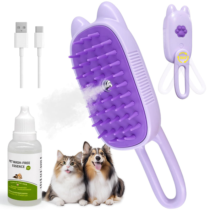 Cat Steam Brush for Shedding, Spritz Defur Comb 3 in 1 Pet Rechargeable Steam Brush Tool for Long and Short Haired Cats and Dogs, Anti-Static, Shedding, Detangling, Massage & Combing (Purple) - PawsPlanet Australia
