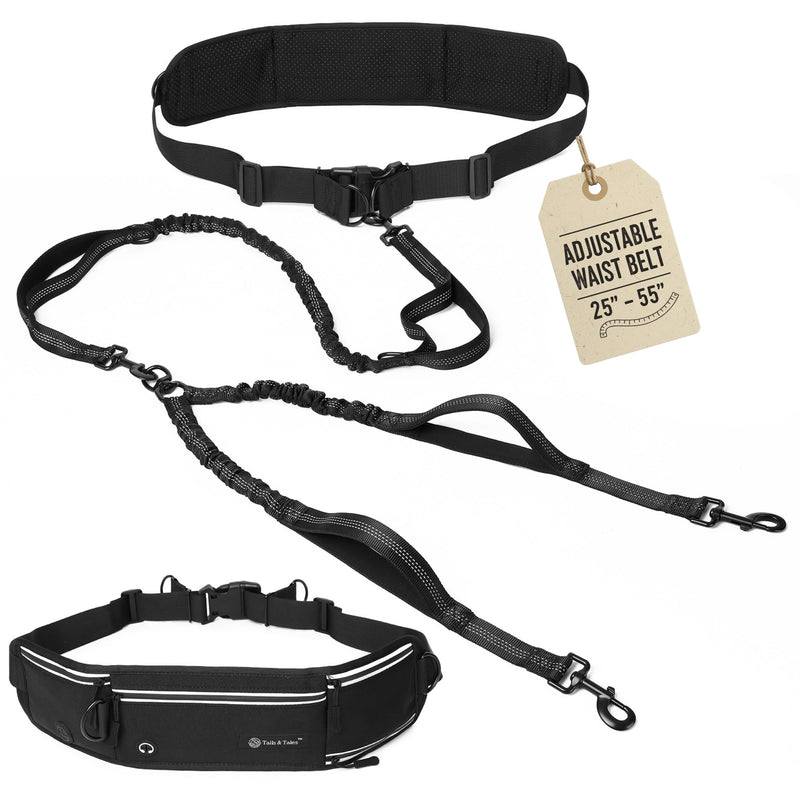 Tails & Tales Hands Free Dog Leash with Waist Pouch, Lumbar Support Upgraded, Bungee Reflective Leash, Adjustable Belt 25-55", Walking Running Hiking Training for Dogs Up to 125lbs (Black, Two Dogs) Black - PawsPlanet Australia