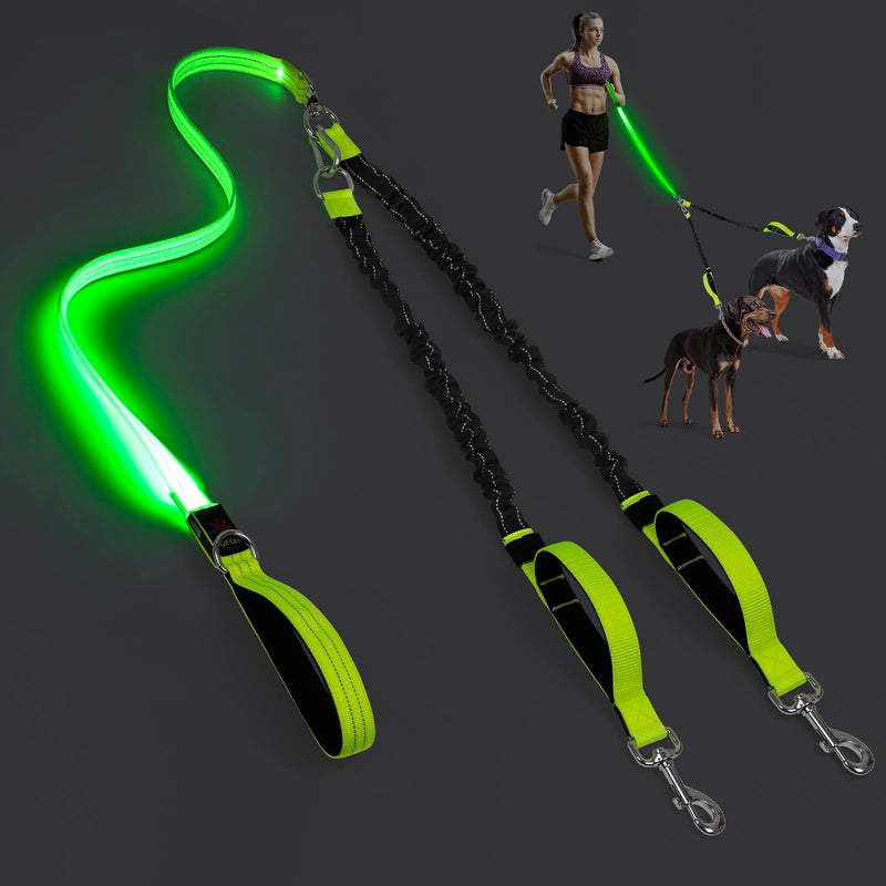 LED Double Dog Leash, No Tangle 360° Swivel Heavy Duty Dog Walking Leash with Two Padded Handles for Two Dogs (Green) Green - PawsPlanet Australia