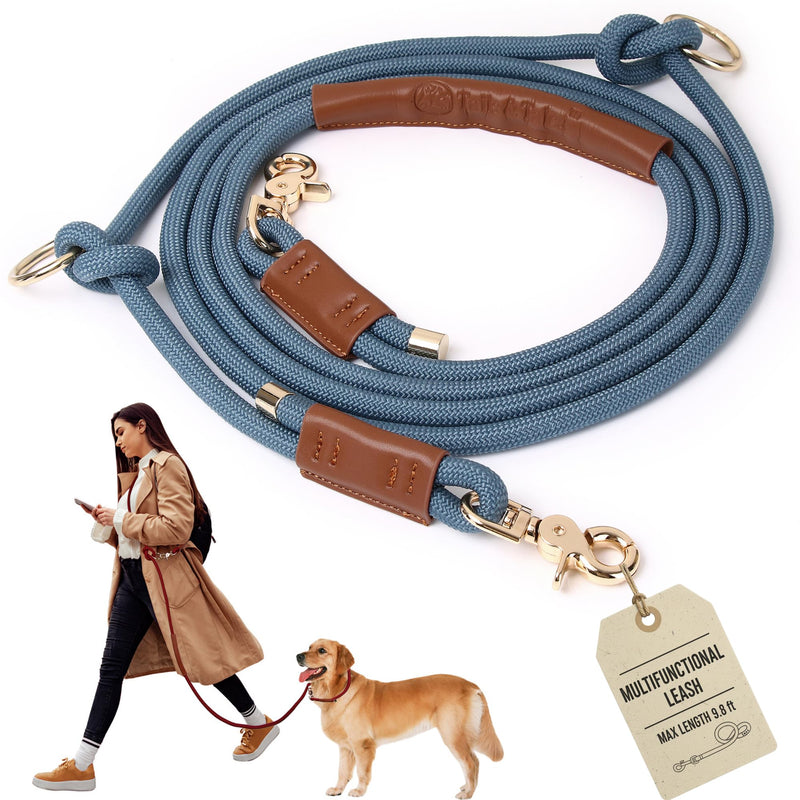 Tails & Tales Hands Free Dog Leash for Walking Running Training, Adjustable Lead Up to 9.8ft, Dogs Up to 125lbs, Crossbody, Dual Handle, Multifunctional, Double Attachment for 2 Dogs (Tapestry Blue) Tapestry Blue - PawsPlanet Australia