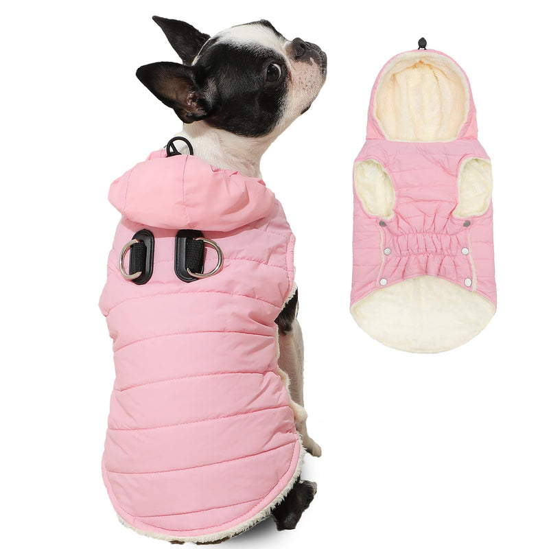 Fleece Lining Dog Hoodie with Harness Built in,Extra Warm Small Dog Jacket in Winter Puppy Coats with Drawstring Hooded,Light Pink M Medium (Pack of 1) Light Pink(Harness Built in) - PawsPlanet Australia