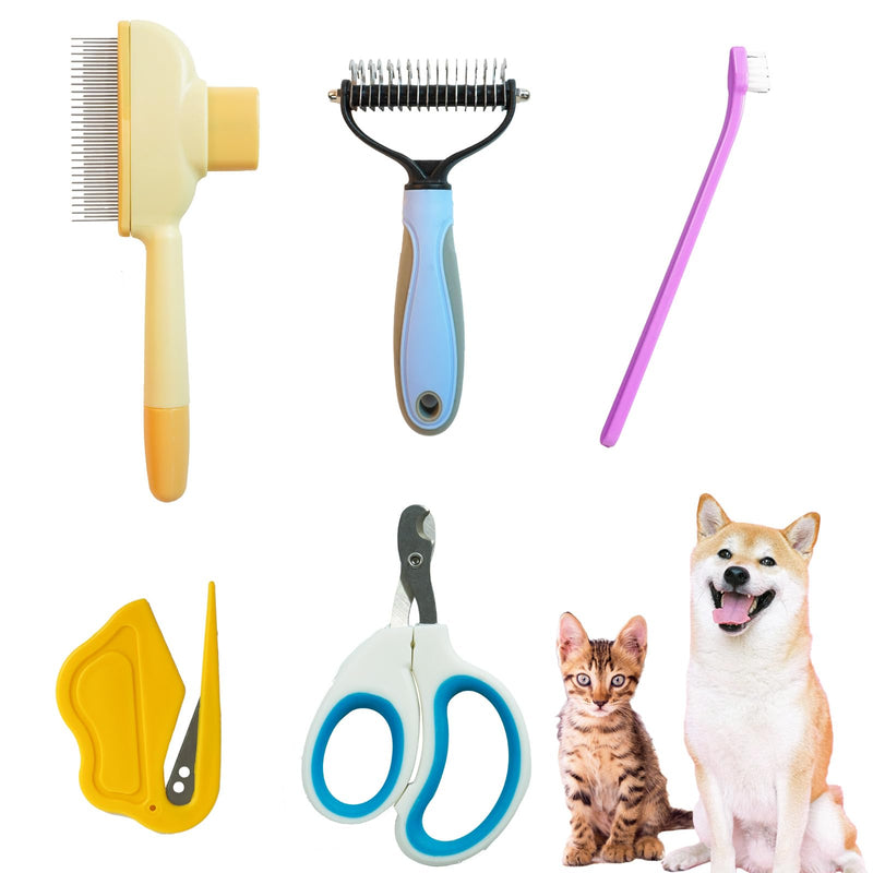 Cat Brush - 5 Pcs Pet Grooming Kit with Nail Clippers,Shedding Brush Toothbrush Long & Short Stainless Steel Teeth Knotting Comb Skin Friendly Deshedding Grooming Tool for Long Haired Cats Shedding Brush Set