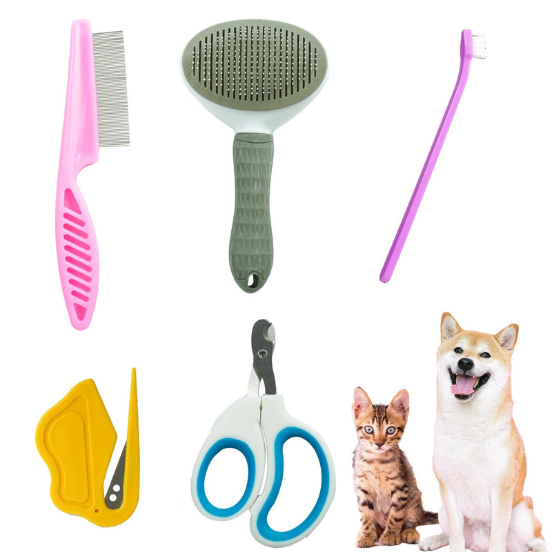 Dog Brush - 5 Pcs Pet Grooming Kit with Nail Clippers,Self Cleaning Slicker Brush Toothbrush Flea Comb Knotting Comb Skin Friendly Deshedding Grooming Tool for Long Haired Cats and Dogs Self Cleaning Slicker Brush Set - PawsPlanet Australia