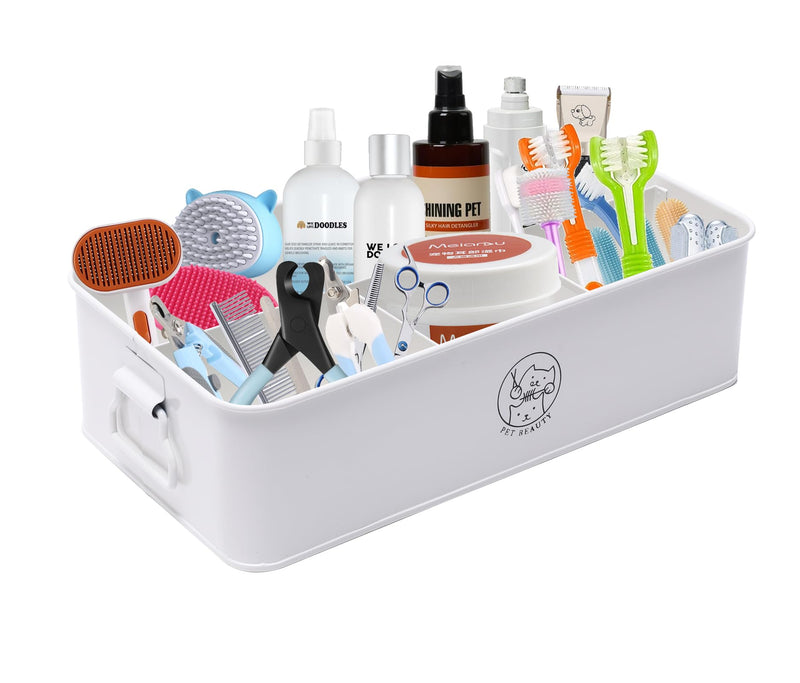 Premium 4-Compartment Dog Grooming Organizer,Metal Caddy for Pet Stuff with Handle-Powder Coated Storage Bin for Dog Cat Grooming Kit,Clippers,Brushes,Scissors & Supplies-White - PawsPlanet Australia