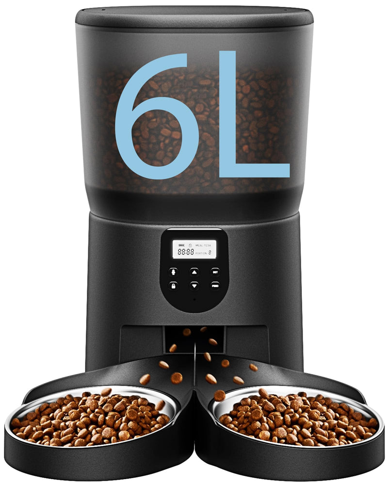 Automatic pet Feeders for 2Cats, 6L/25cup Automatic Cat Food Dispenser with 2 Stainless Pet Bowls,10s Meal Call Timer Setting 20 Portions 6Meals Per Day, Timed Pet Feeder for Cats Dog Indoor Dry Food 6L/25 Cups Black - PawsPlanet Australia