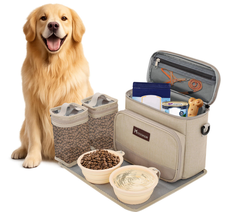 Modoker Dog Travel Bag Organizer for Supplies with 2 Food Containers, 2 Collapsible Bowls & Feeding Mat, Airline Approved Dog Travel Accessories Duffel Bag for Weekend Trips, Camping & Beach, Beige Beige-7.6L - PawsPlanet Australia