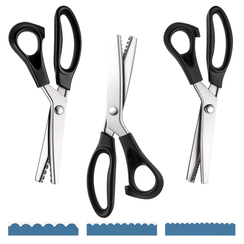 3 Sizes Pinking Shears for Crafting and Paper Cutting, 3mm, 5mm, 7mm Scalloped Scissors, 9.3'' Zig Zag Scissors Handheld Serrated Jagged Dressmaking Supply for Leather Fabric Craft Paper Black and White 3