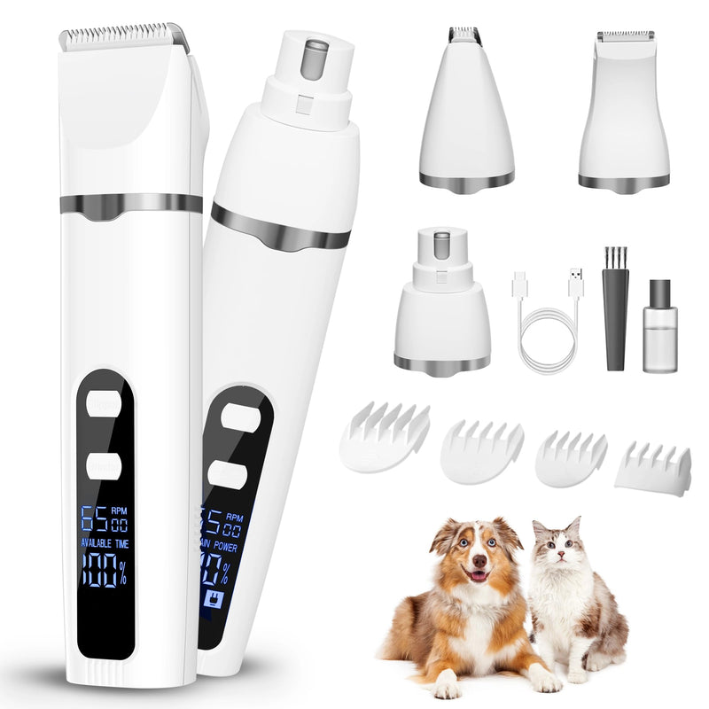 Dog Grooming Kit Hair Clipper with LCD Display - Low Noise Pet Hair Trimmer, Dog Nail Grinder Clippers for Grooming, Rechargeable Cordless Waterproof Paw Trimmer for Cats and Other Pets Silver