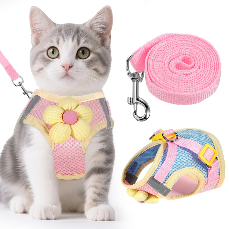 Cat Harness and Leash Set - Escape Proof Soft Adjustable Vest Harnesses for Small Cats, Kitten Harness with Reflective Strips, Pink Flower Design - PawsPlanet Australia