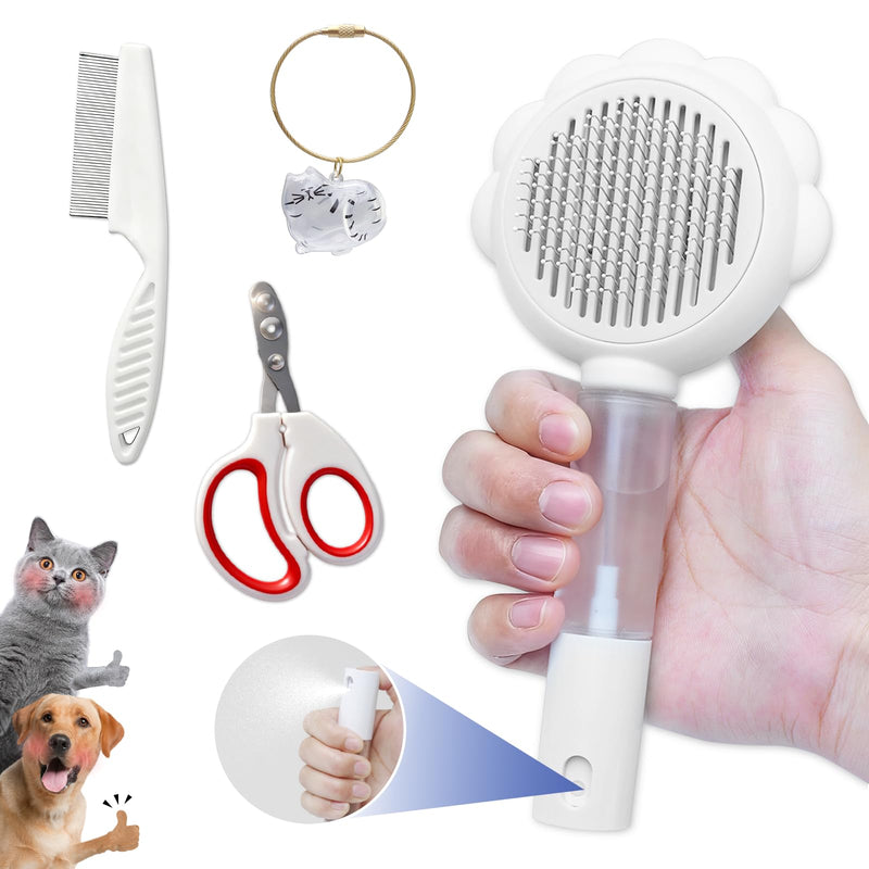 Cat Brushes For Indoor Cats, Cat Shedding Brush With Pet Flea Comb & Pet Nail Clippers, Slicker Brush For Dogs & Rabbit Grooming Kit, Spray Hair Removal Comb With Release Button & Visual Spray, White - PawsPlanet Australia