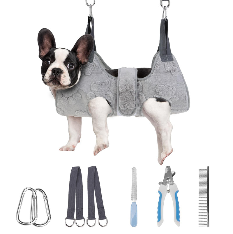PAWCHIE Dog Grooming Hammock Harness for Dogs & Cats with Pet Nail Clipper Trimmer,Cat Hanger Sling for Trimming Clipping Nails,Warm Plush Dog Hammock Restraint Bag for Small Medium Large Dogs,Grey S Grey 1 - PawsPlanet Australia