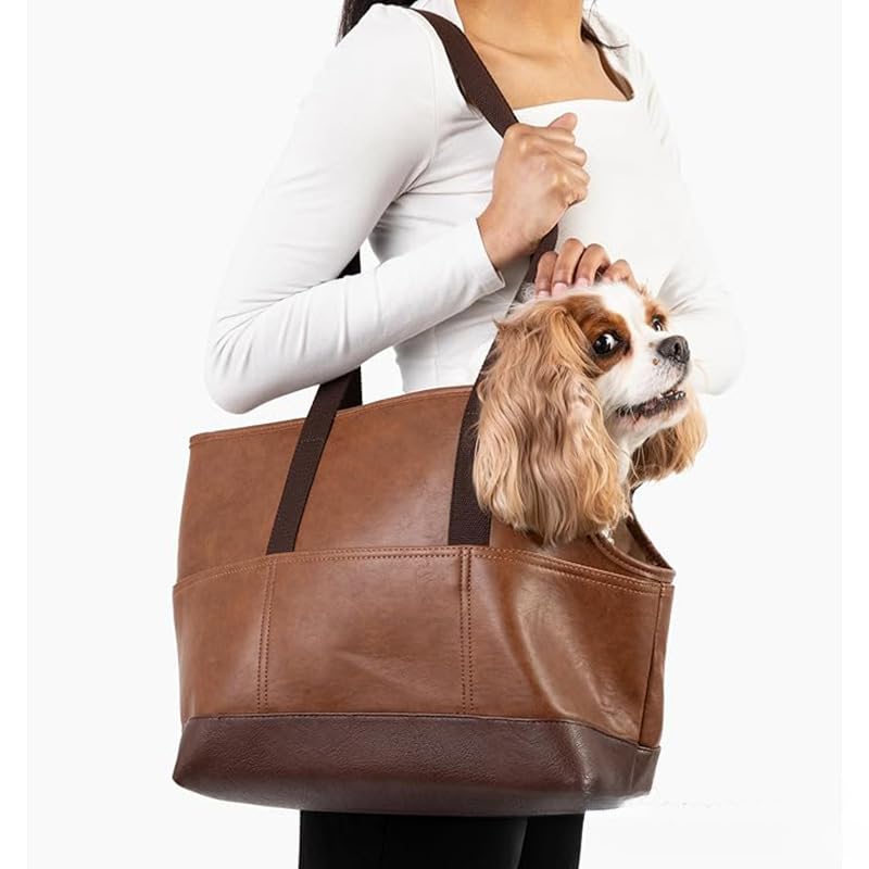 Premium Pet Carrier Tote Bag with Multiple Pockets, Brown/White PU Leather, 18.5L x 7W x 11.5H inches (Brown)