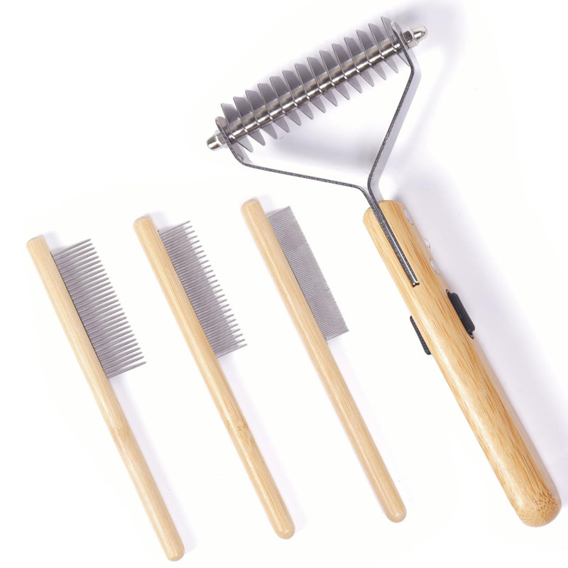Bamboo Undercoat Rake & Deshedding Comb for Dogs & Cats - Cat & Dog Brush & Dematting Tool for Matted Fur, Pet Grooming Kit with Fur Comb & Flea Comb for Shedding Control Large