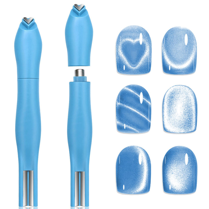 3 In 1 Cat Eye Nail Magnet Tools, Heart & Round Designs Multifunctional Magnetic Stick, Cat Eye Gel Polish Heart Nail Magnets for Nails Accessory for Home DIY, Salon & Studio (Blue) Blue - PawsPlanet Australia