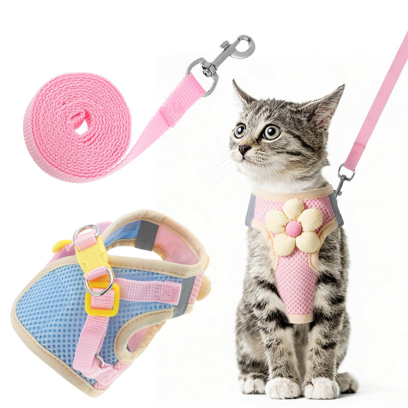 Small Cat Harness and Leash, Adjustable Flower Cat Walking Harness with Reflective Strips, Breathable Mesh Kitty Harnesses and Leash Escape Proof for Kitty Puppy Bunny(Pink, XS) - PawsPlanet Australia
