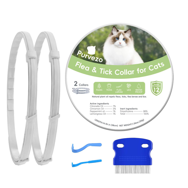 Flea and Tick Collar for Cats,12-Month Protection, Natural Ingredients, Waterproof & Adjustable,Includes Flea Comb & Tick Removal Tool,2 Pack - PawsPlanet Australia