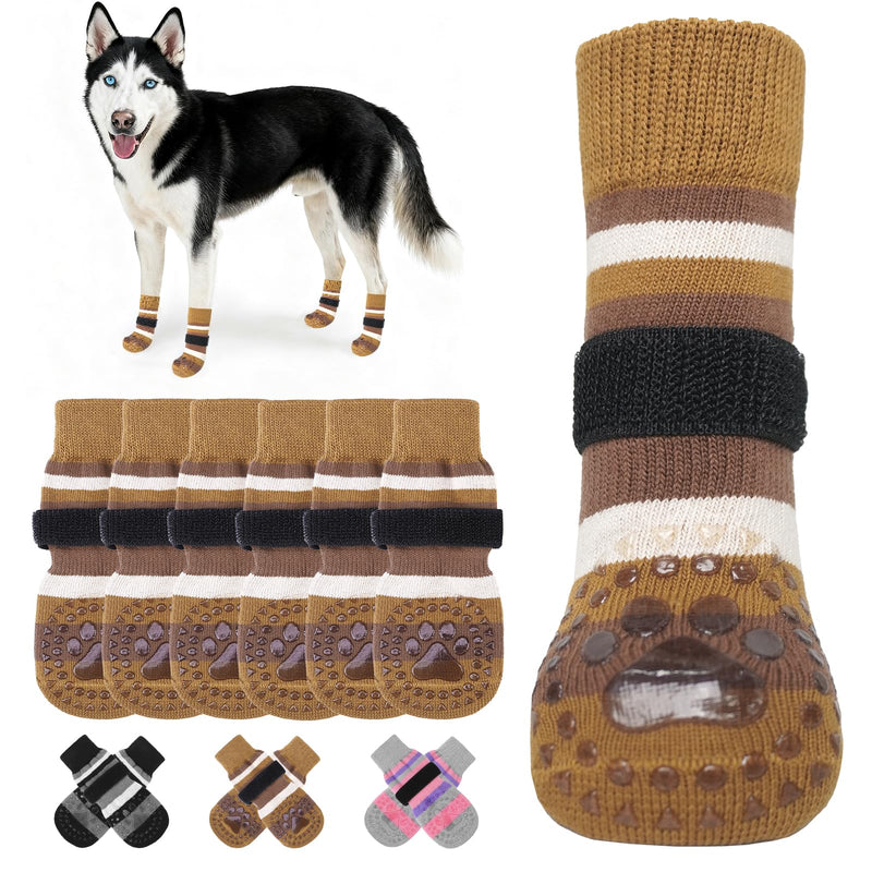 KOOLTAIL Anti Slip Dog Socks to Prevent Licking Paws and Slipping, Extra-Thick Grip Pet Boots & Paw Protectors, Winter Warm Puppy Shoes Booties for Hardwood Floors Small Medium Large Senior Dogs, XL X-Large Brown - PawsPlanet Australia
