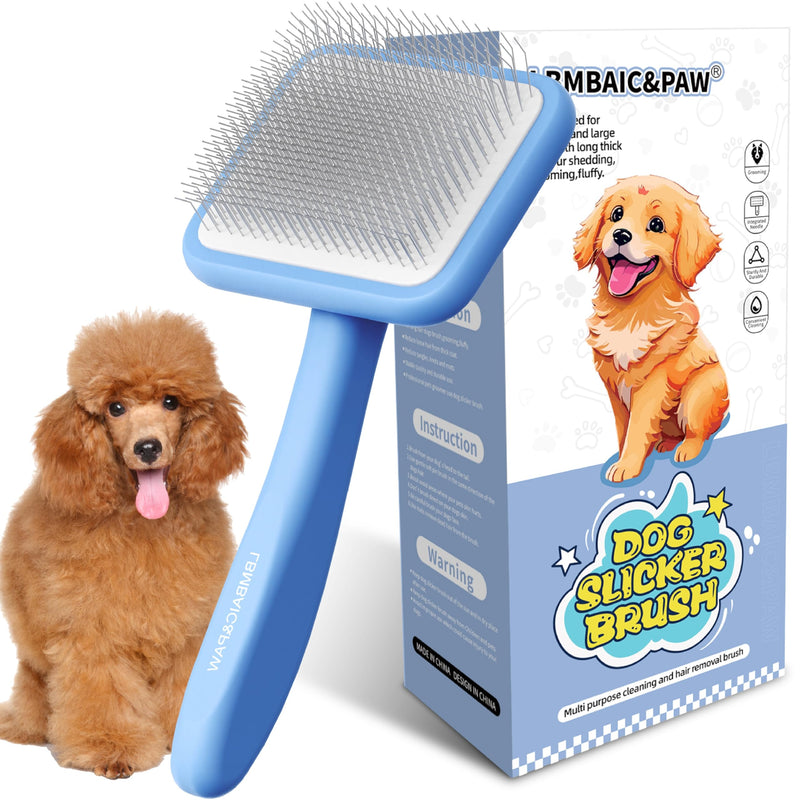 Dog Slicker Brushes for Poodles,Doodles,Goldendoodle,Bernedoodle.Slicker Brush for Thick Long Curly Fur Deshedding,Fluff,Grooming.Remove Loose Fur Quick Easy.Long Pin Slicker Brush.Wood body(Large) Blue