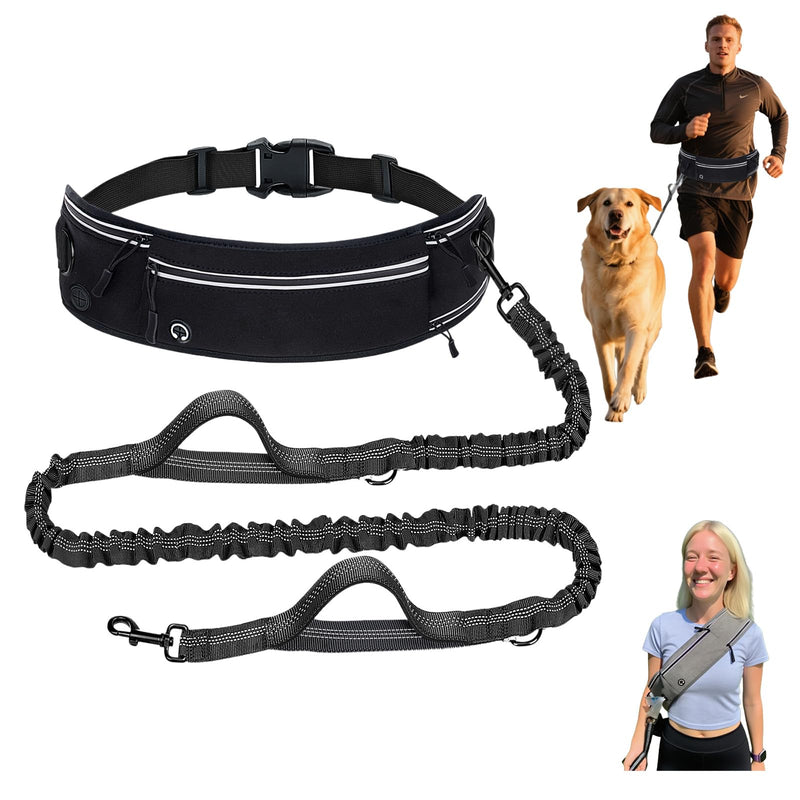 Hands Free Dog Leash, 4 in 1 Waist Dog Leash with Pouch, Retractable Bungee Shock Absorption, Anti-Burst Design, Reflective, for Medium to Large Dogs (02-Black) 02-Black - PawsPlanet Australia