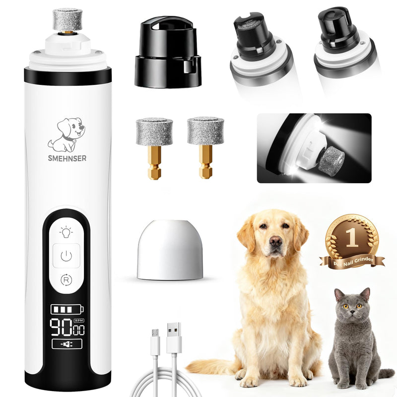 Upgraded Silent Dog Nail Grinder, Cordless Grooming Pro Nail Grinder with 3 Adjustable Speeds & Led Light, Painless Paws Grooming for Small Medium Large Dogs & Cats (2 Replacement Heads) White M2 - PawsPlanet Australia
