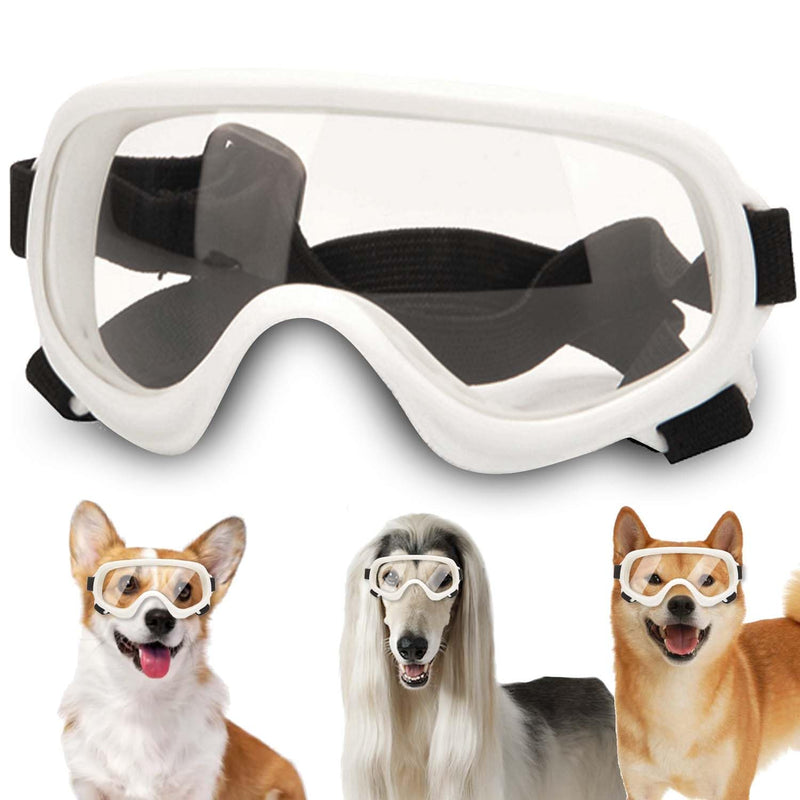 Dog Sunglasses,Doggles Anti-UV Protection, Pet Sunglasses with Adjustable Strap, Suitable for Motorcycle Car Driving Bike Riding Hiking Swimming Wind Dust Fog Dog Eye Protection WhiteFrameClearLens