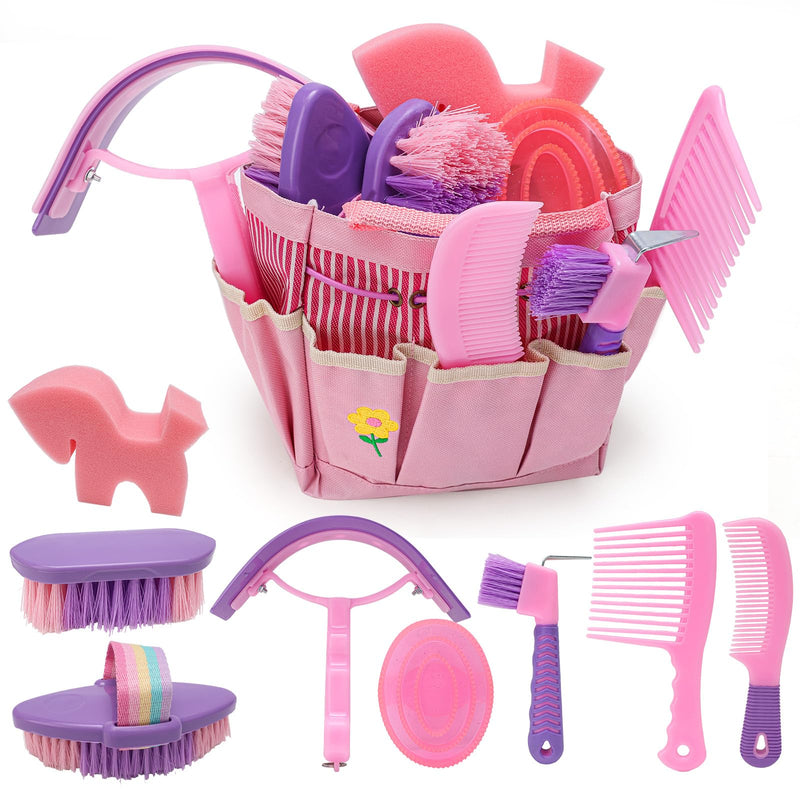Horse Grooming Kit, Horse Brushes for Grooming Supplies Set with Organizer Bag, Horses Tack Brush Set for Effective Grooming and Cleaning, Gift for Horse Riders Beginners, Pink 9