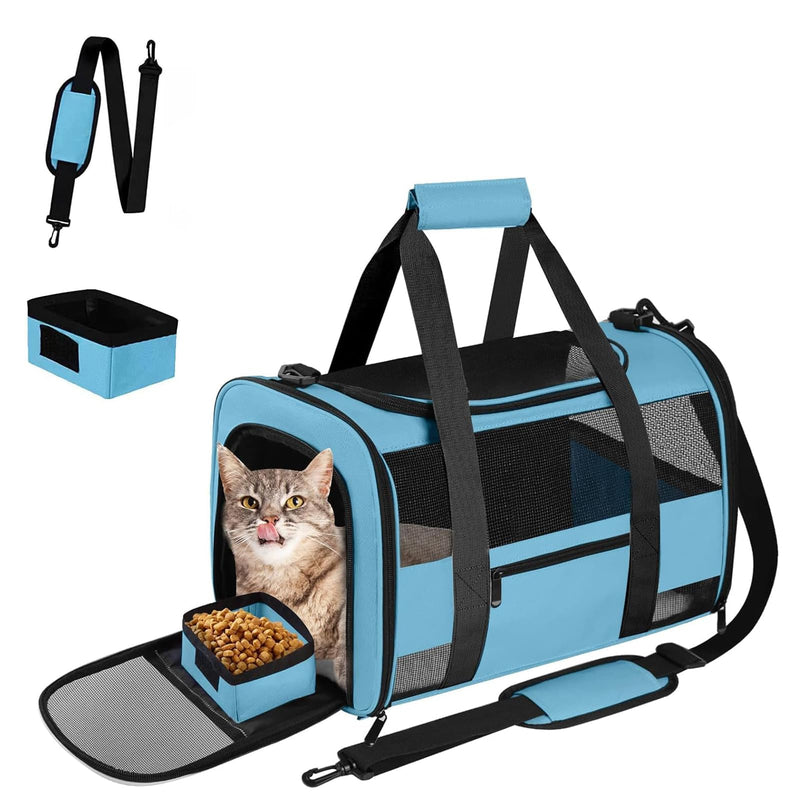 Soft - Sided Pet Carrier for Cats and Small Dogs, Airline - Approved, Blue Travel Tote with Mesh Windows, Foldable Bowl, Shoulder Strap, Oeko - TEX Certified