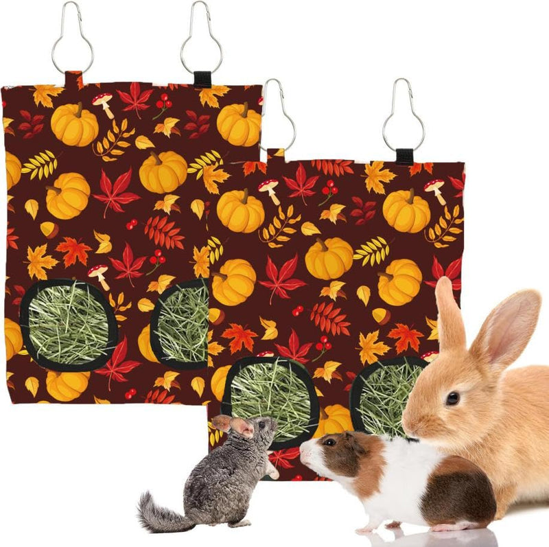 2 Pcs Fall Rabbit Hay Feeder Bag with 2 Holes 11.5 x 9 Inch Maple Leaves Pumpkin Guinea Pig Hanging Hay Feeding Bag Storage Dispenser for Autumn Hamster Bunny Small Animal Pet - PawsPlanet Australia