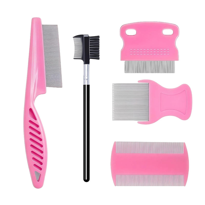 5 Pack Flea & Lice Comb Set for Cats, Dogs & Kids – Stainless Steel Fine Tooth Nit Comb Kit with Double-Sided Tear Stain Remover, Grooming Brush & Peine para Piojos for Thick Hair (Pink) Pink 1-Pack