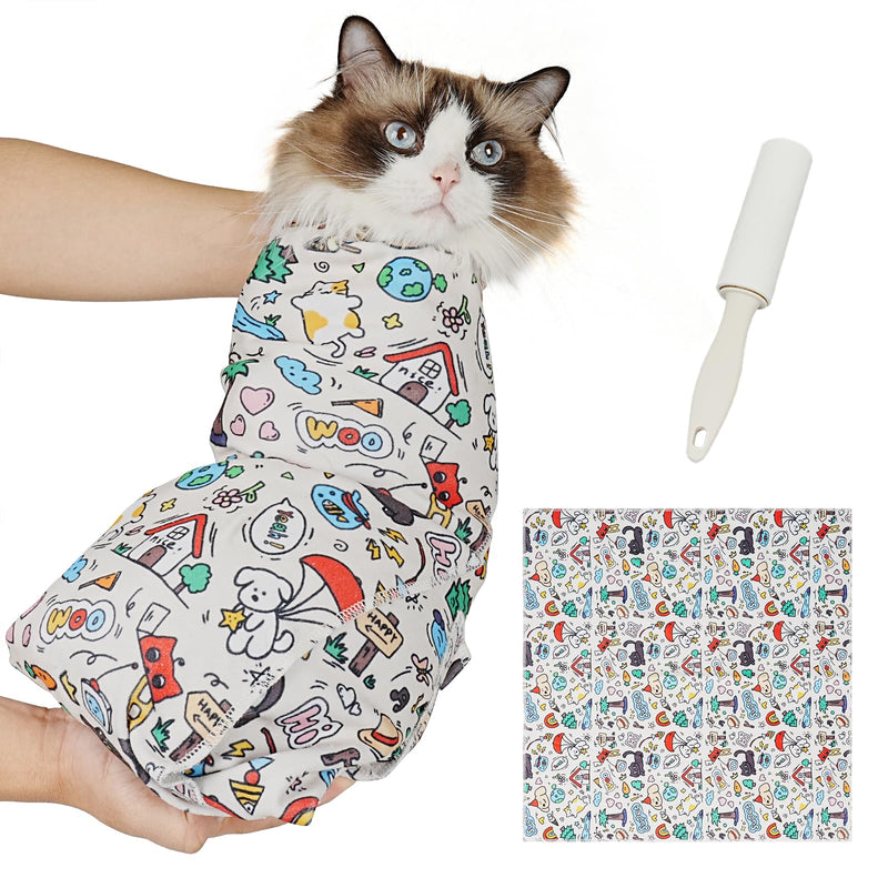 Supet Cat Grooming Wrap for Cutting Nails, 2026 Self-Adherent Anti-Escape Calming Cat Swaddle Wrap for Medicine, Nail Clipping, Teeth Brushing, Ear Cleaning (Cartoon, XL) XL-31.5in ( Weight:＜ 25lbs ) Cartoon