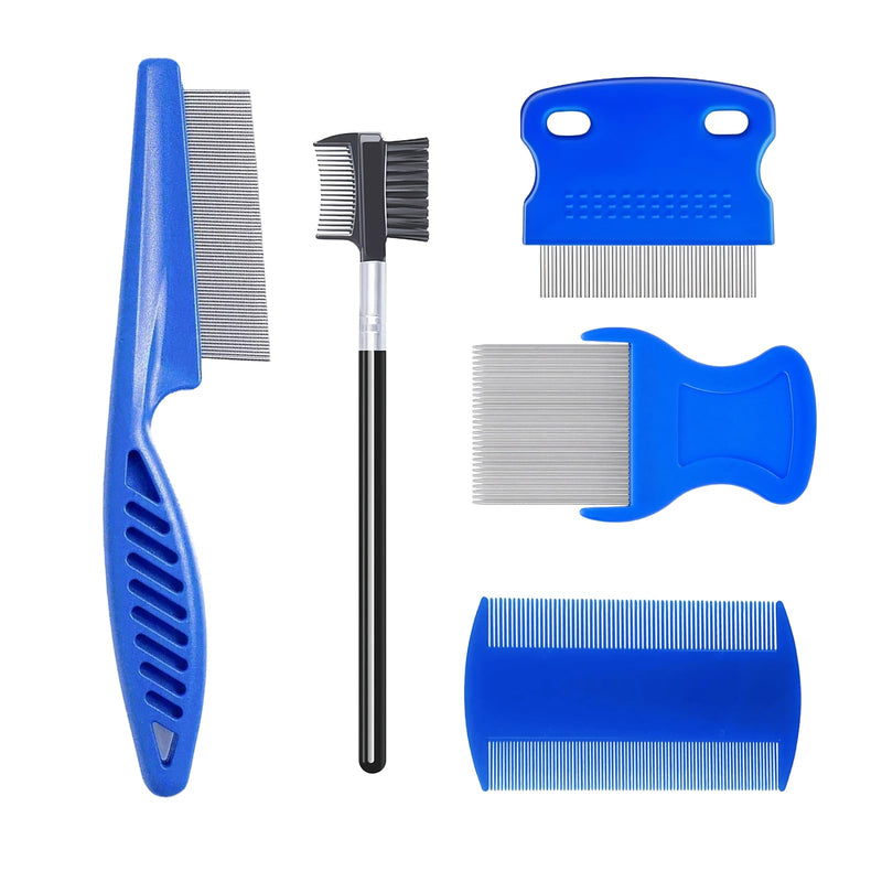 5 Pack Flea & Lice Comb Set for Cats, Dogs & Kids – Stainless Steel Fine Tooth Nit Comb Kit with Double-Sided Tear Stain Remover, Grooming Brush & Peine para Piojos for Thick Hair (Blue) Blue 1-Pack
