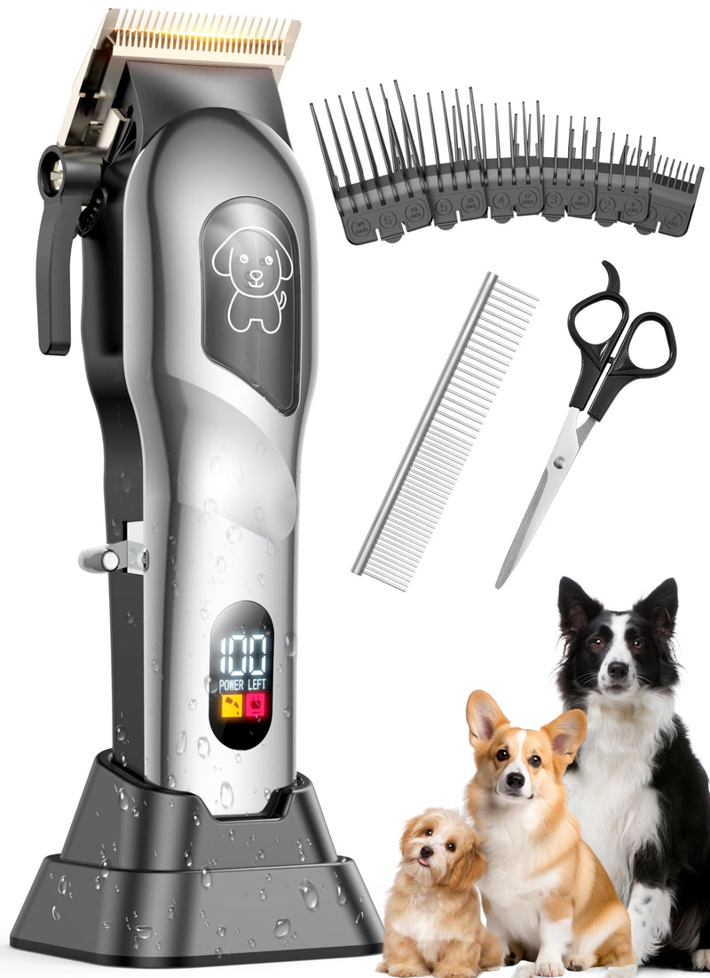 Dog Grooming Kit, Dog Clippers for Grooming for Heavy Thick Hair, Low Noise Cordless Pet Hair Trimmer with Stainless Steel Blade, Professional Rechargeable Hair Trimmer for Dogs and Cats Silver - PawsPlanet Australia