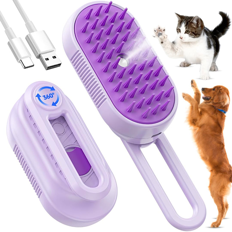 Cat Steam Brush for Shedding, 4-in-1 Rechargeable Pet Grooming Brush for Cats & Dogs, Anti-Static, Massage, Cleaning & Combing with Gentle Steam, Removes Loose Hair & Tangles (Purple) Purple