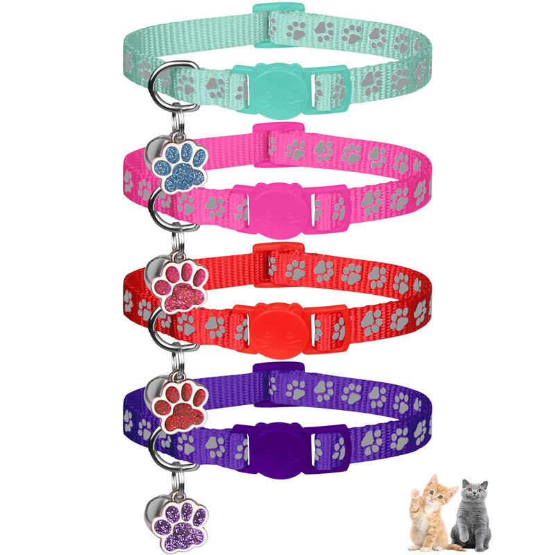 4PCS Breakaway Cat Collars,Reflective Cat Collar with Bells,Kitten Collars for Boy&Girl Cats Breakaway Collar for Cats with Paw Pendant 6-9 Inch(Purple+Hotpink+Red+Teal) Purple+Hotpink+Red+Teal - PawsPlanet Australia